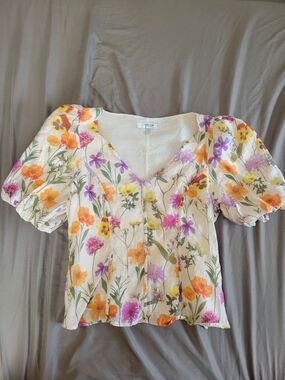 Floral Puff-Sleeve V-Neck Top - Ivory with Yellow & Purple Flowers